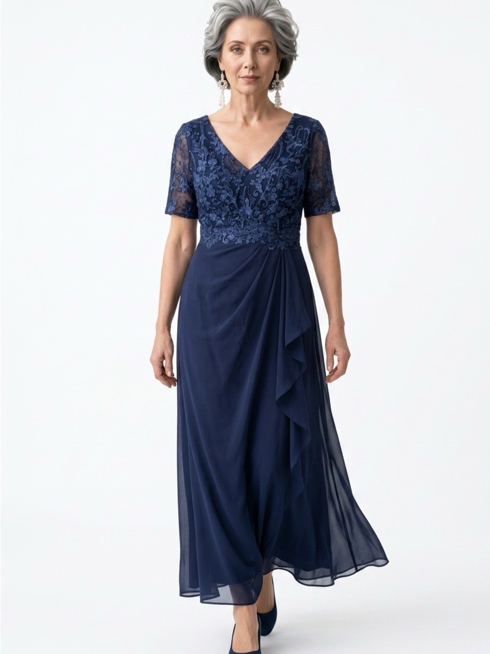 Elegant Navy Lace & Chiffon V-Neck Evening Dress